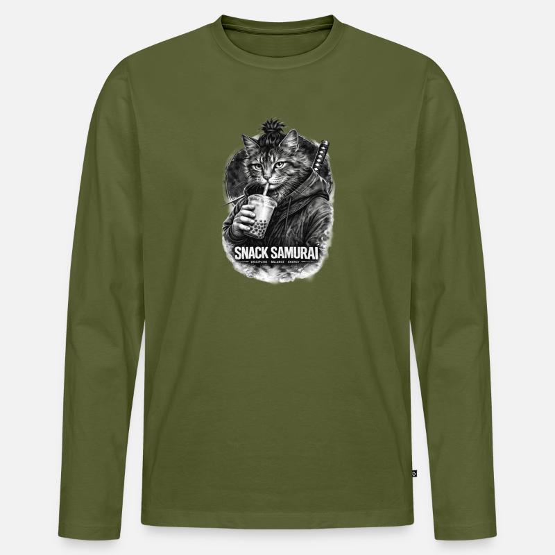 Snack Samurai Katze I - Männer Premium Bio Langarmshirt - Khaki