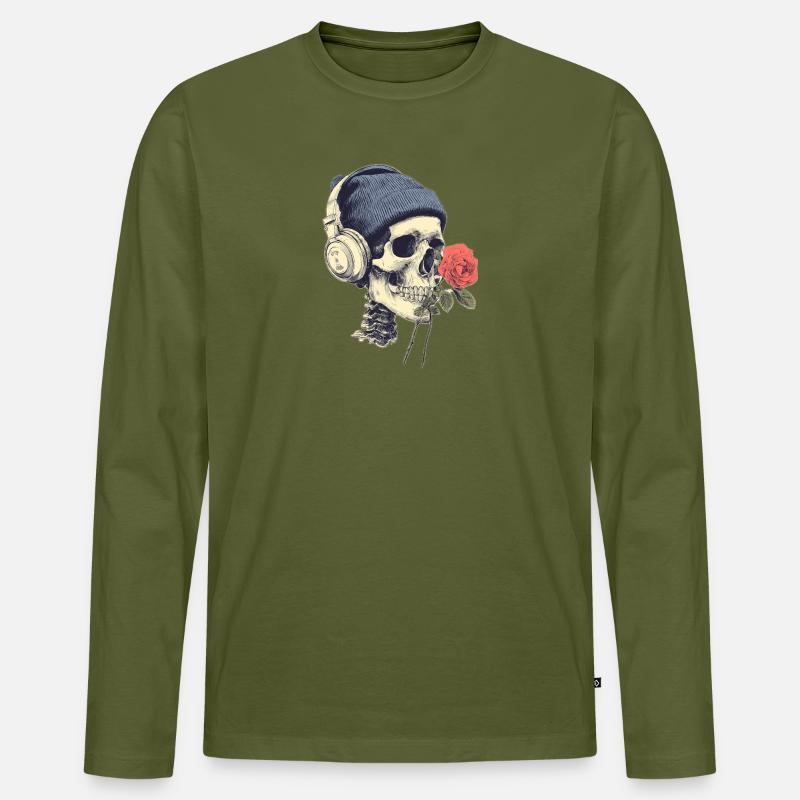 Skull mit Kopfhörern und Rose - Männer Premium Bio Langarmshirt - Khaki