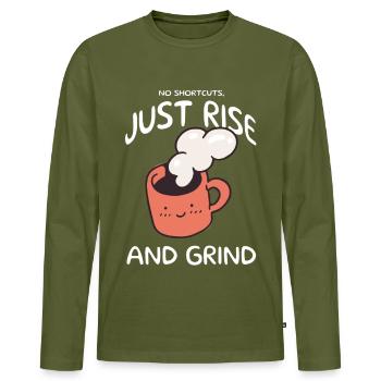 Just Rise and Grind Motivation and Daily Success - Men's Premium Organic Long Sleeve Shirt - khaki - Front - Nico (187cm)