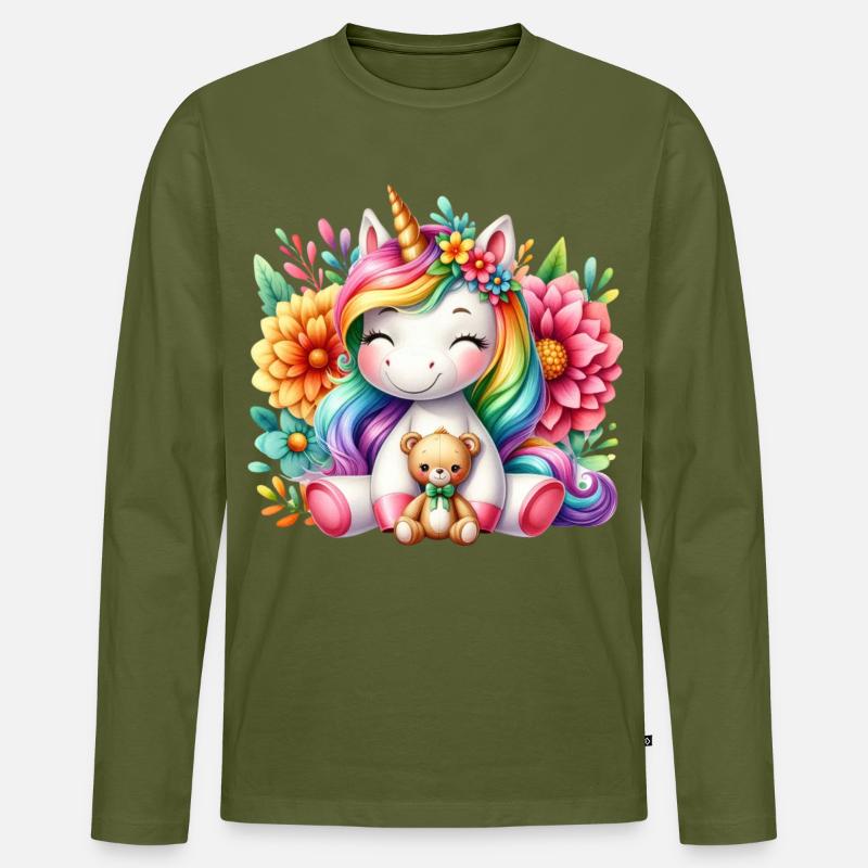 Regenbogen Einhorn Blumentraum - Männer Premium Bio Langarmshirt - Khaki