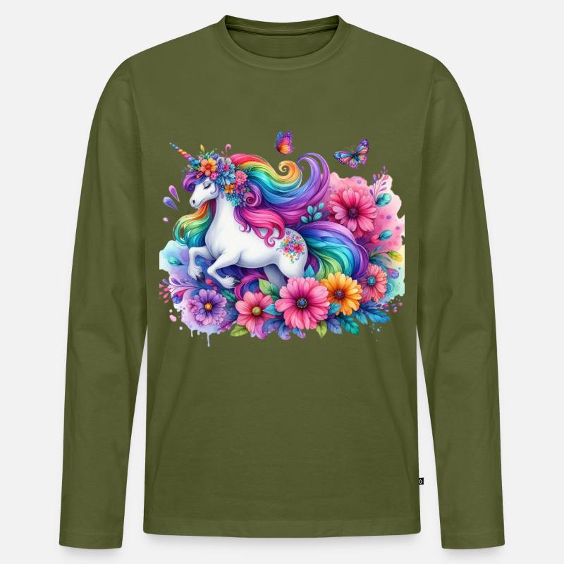 Regenbogen Blumen Einhorn - Männer Premium Bio Langarmshirt - Khaki