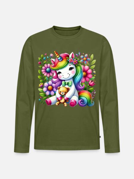 Regenbogen Einhorn Blumentraum - Männer Premium Bio Langarmshirt - Khaki