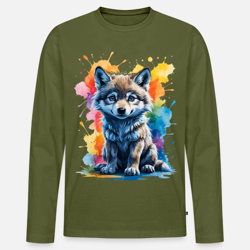 Aquarell-Wolfswelpe im Farbsplash - Männer Premium Bio Langarmshirt - Khaki