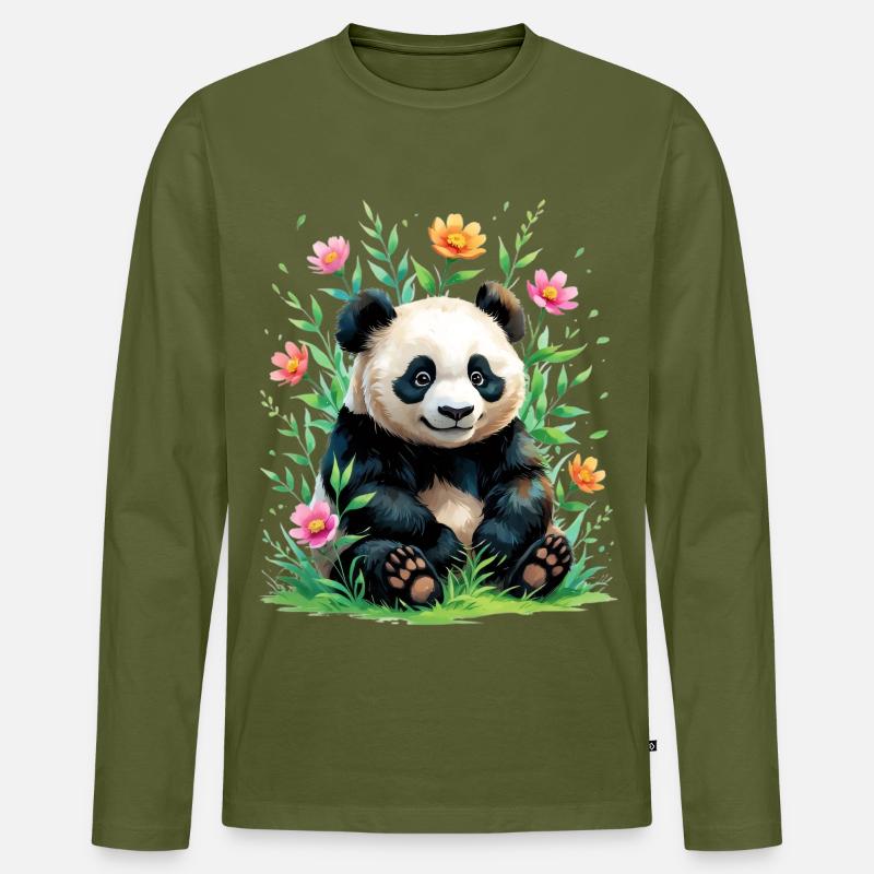 Panda im Blütenwald - Männer Premium Bio Langarmshirt - Khaki