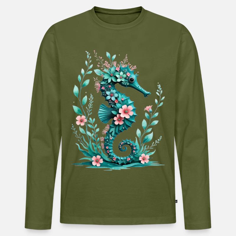 FloraSeepferdchen Blütenkunst - Männer Premium Bio Langarmshirt - Khaki