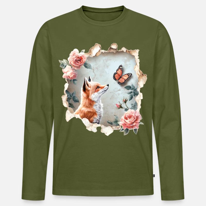 Fuchs mit Schmetterling - Männer Premium Bio Langarmshirt - Khaki