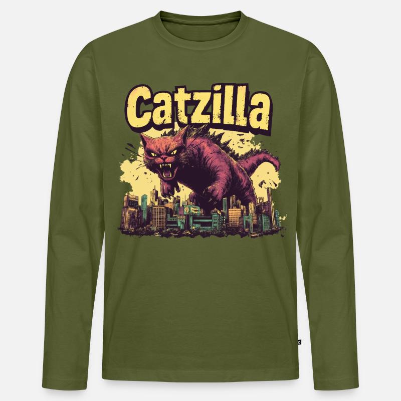 Catzilla-Skyline-Monster - Männer Premium Bio Langarmshirt - Khaki