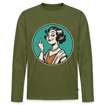 Retro Sass: Vintage Pinup Middle Finger - Men's Premium Organic Long Sleeve Shirt - khaki - Front - Nico (187cm)