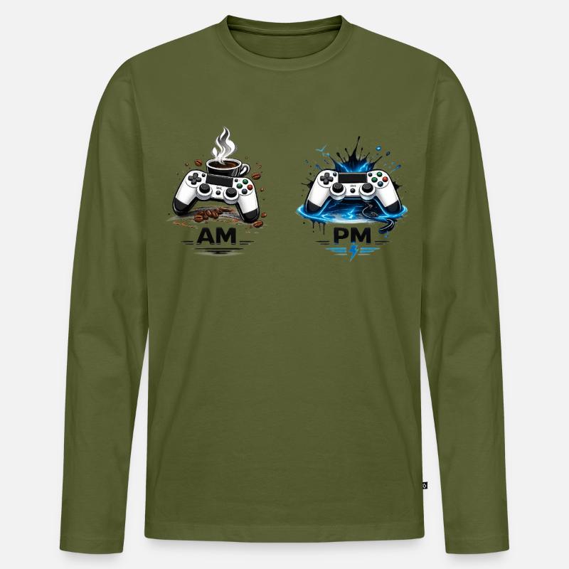 AM Kaffee PM Gaming - Männer Premium Bio Langarmshirt - Khaki