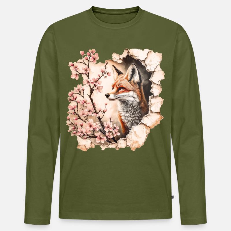 Fuchs mit Kirschblüten - Männer Premium Bio Langarmshirt - Khaki