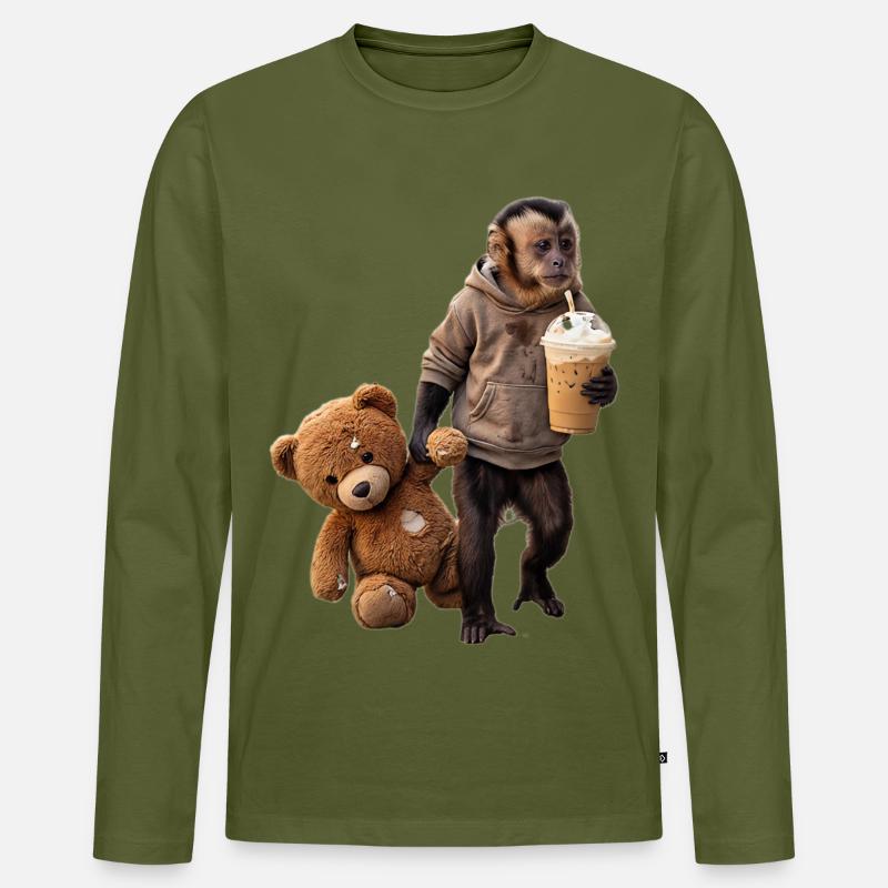 Affe Teddybär Eiskaffee Motiv - Männer Premium Bio Langarmshirt - Khaki
