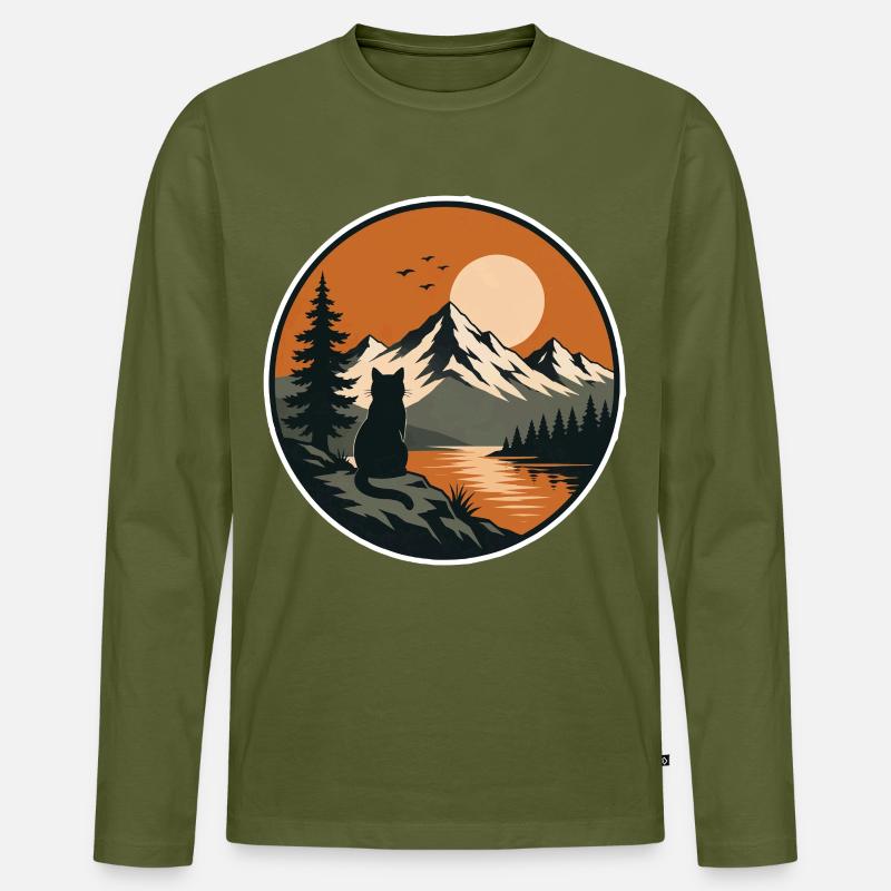 Bergsee mit Katze Silhouette - Männer Premium Bio Langarmshirt - Khaki