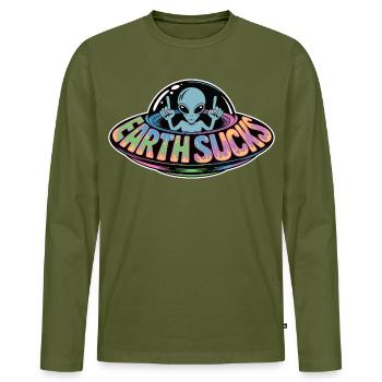 Chemise Earth Sucks avec extraterrestre - Motif OVNI drôle - T-shirt manches longues Premium bio Homme - kaki - Devant - Nico (187cm)