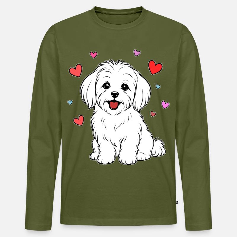 Malteser_Hund_sitzend_Herz_weiss - Männer Premium Bio Langarmshirt - Khaki