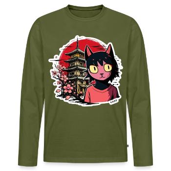Cherry Kat and Pagoda Dream - Men's Premium Organic Long Sleeve Shirt - khaki - Front - Nico (187cm)
