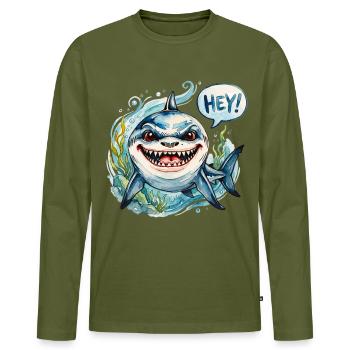 Le requin coquin dit bonjour en aquarelle - T-shirt manches longues Premium bio Homme - kaki - Devant - Nico (187cm)