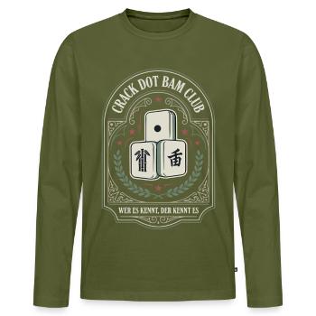 Dot Bam Club Emblem - Männer Premium Bio Langarmshirt - Khaki - Vorne - Nico (187cm)