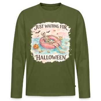 Attendant l’anticipation du squelette d’Halloween - T-shirt manches longues Premium bio Homme - kaki - Devant - Nico (187cm)