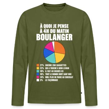 Pensées d’un boulanger à 4 h - T-shirt manches longues Premium bio Homme - kaki - Devant - Nico (187cm)