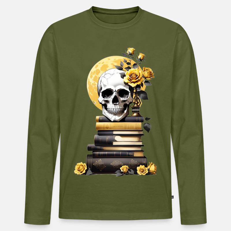 Bücherstapel mit Schädel - Männer Premium Bio Langarmshirt - Khaki