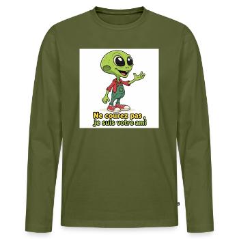 Alien - Ne courez pas ,je suis votre ami - T-shirt manches longues Premium bio Homme - kaki - Devant - Nico (187cm)