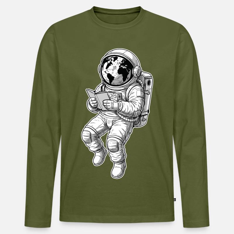 Astronaut Reading Space Earth - Männer Premium Bio Langarmshirt - Khaki