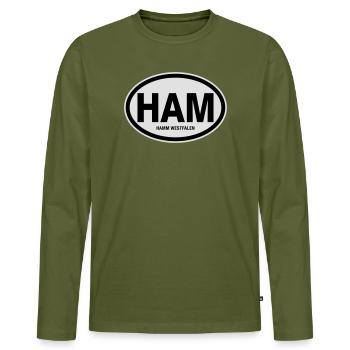 HAM Hamm Westfalen - Männer Premium Bio Langarmshirt - Khaki - Vorne - Nico (187cm)