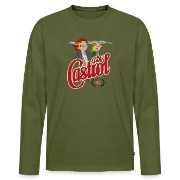 Aah Castrol R. - Men's Premium Organic Long Sleeve Shirt - khaki - Front - Nico (187cm)
