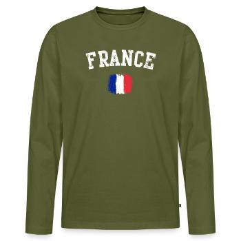 France Brushed Flag Emblem - Men's Premium Organic Long Sleeve Shirt - khaki - Front - Nico (187cm)