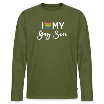 J’aime mon fils gay - T-shirt manches longues Premium bio Homme - kaki - Devant - Nico (187cm)