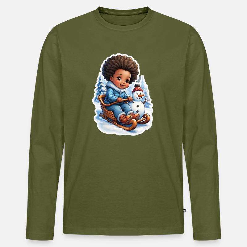 Winterspaß mit Schneemann und Schlitten - Männer Premium Bio Langarmshirt - Khaki