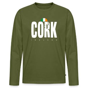 Emblème du drapeau de l’Irlande en liège - T-shirt manches longues Premium bio Homme - kaki - Devant - Nico (187cm)