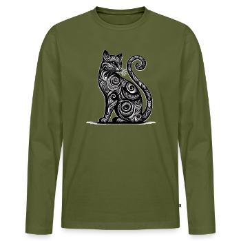 Style tribal ornemental du chat - T-shirt manches longues Premium bio Homme - kaki - Devant - Nico (187cm)