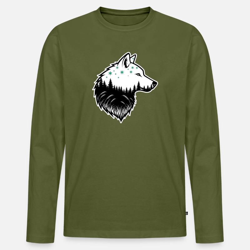 Wolf Silhouette Nachtwald Design - Männer Premium Bio Langarmshirt - Khaki