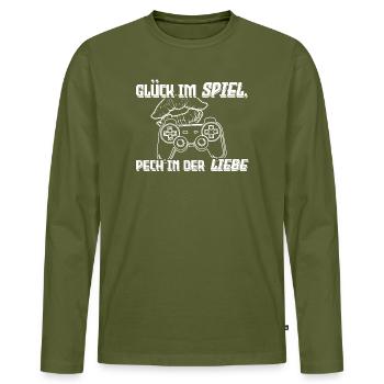 Luck in the game, bad luck in love - Men's Premium Organic Long Sleeve Shirt - khaki - Front - Nico (187cm)