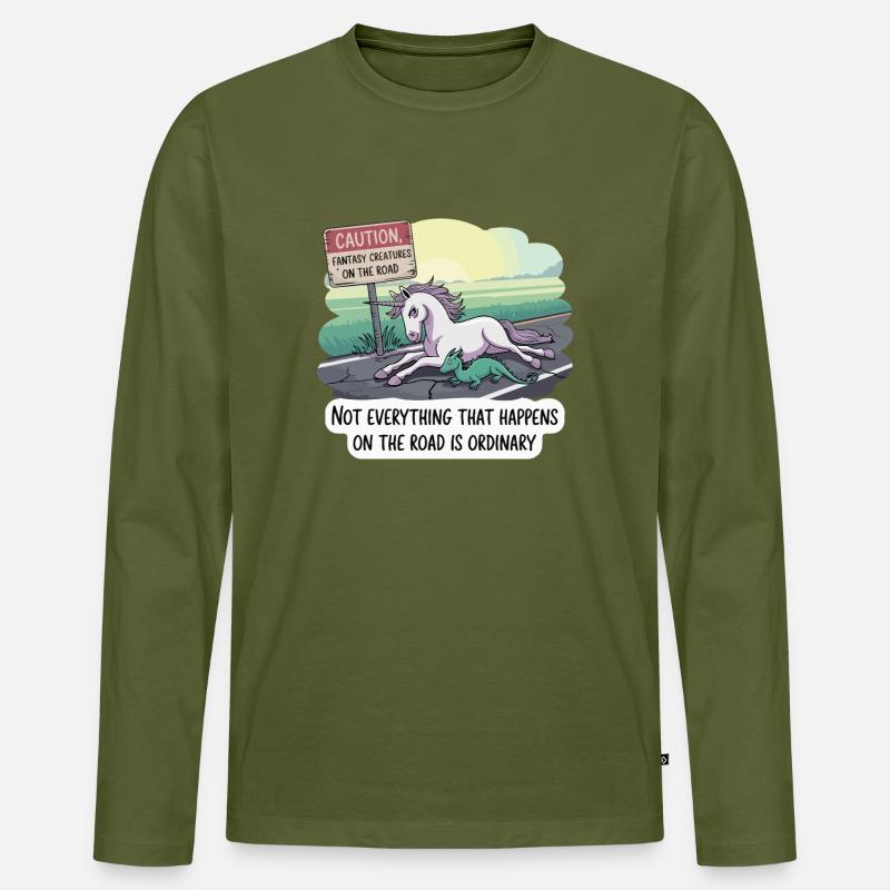 Fantasy-Einhorn-Duo am Straßenrand - Männer Premium Bio Langarmshirt - Khaki