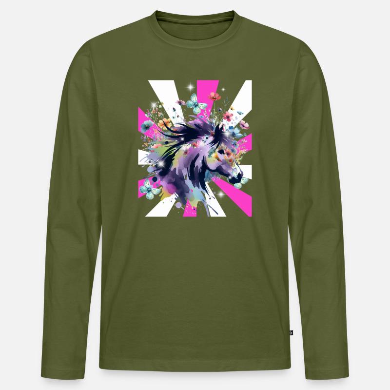 Retro Pferd Pferde Mädchen 60er Blumen - Männer Premium Bio Langarmshirt - Khaki