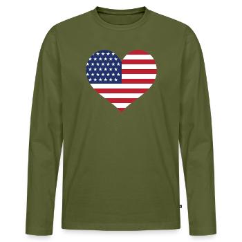 USA Flag Heart - Men's Premium Organic Long Sleeve Shirt - khaki - Front - Nico (187cm)