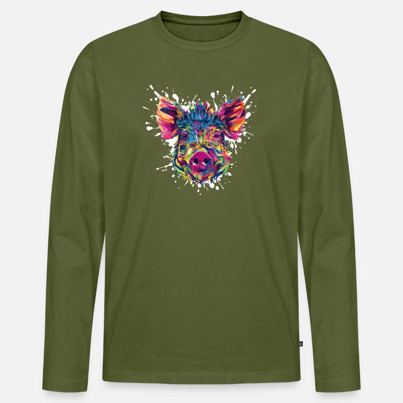 Farbexplosion Schweinekopf - Männer Premium Bio Langarmshirt - Khaki