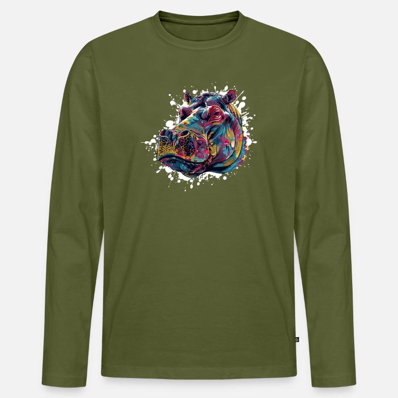 Bunter Hippo Farbspritzer - Männer Premium Bio Langarmshirt - Khaki