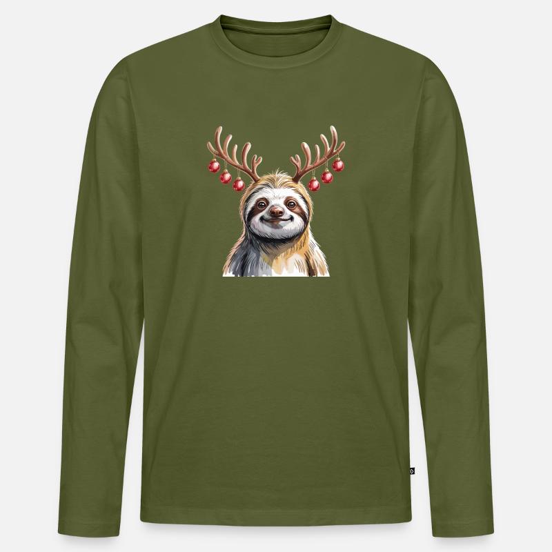 Faultier Mit Rentiergeweih Und Weihnachtskugeln - Männer Premium Bio Langarmshirt - Khaki