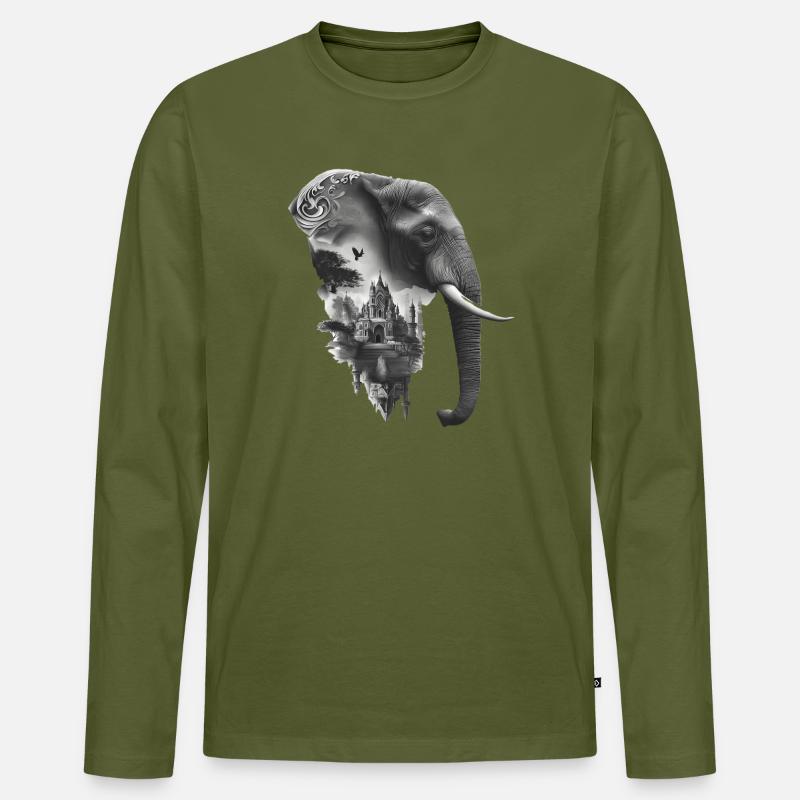 Elefant und Tempel in Collage - Männer Premium Bio Langarmshirt - Khaki