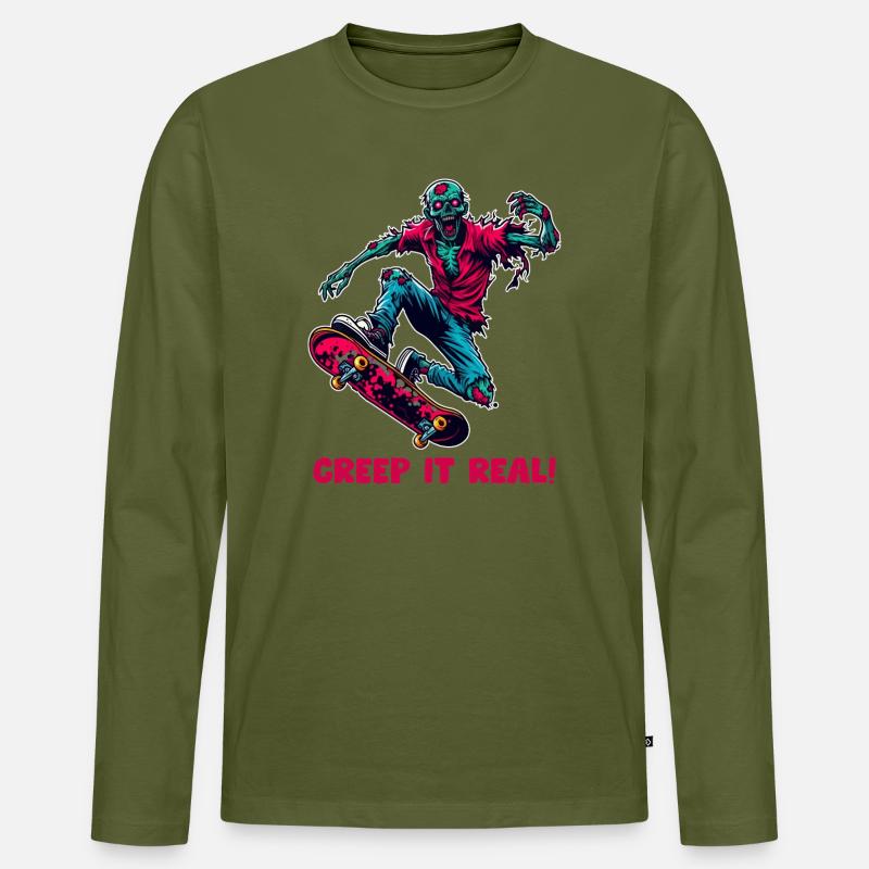 Zombie Skateboarder Neon Horror - Männer Premium Bio Langarmshirt - Khaki