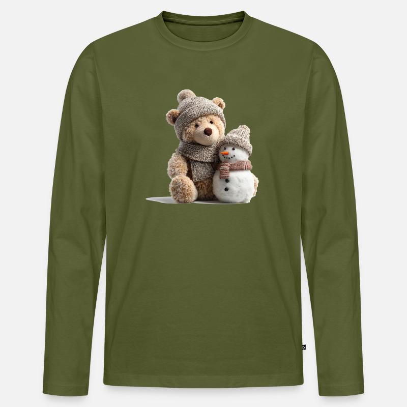 Winter Kuschelbär mit einem Schneemann - Männer Premium Bio Langarmshirt - Khaki