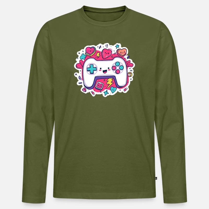 Kawaii Controller Herz Neon Stil - Männer Premium Bio Langarmshirt - Khaki