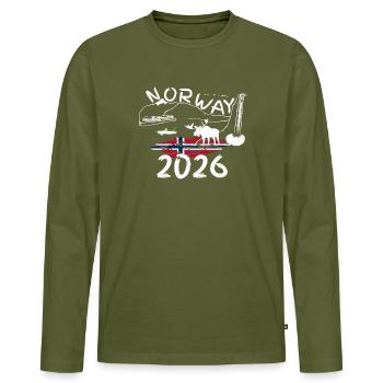 Norvège 2025 Hareng avec montagnes et pêche à l’orignal - T-shirt manches longues Premium bio Homme - kaki - Devant - Nico (187cm)