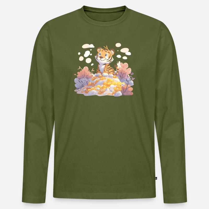Tigerjunge auf Goldschatz im Herbstwald - Männer Premium Bio Langarmshirt - Khaki
