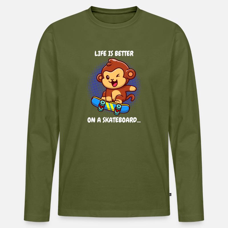 Life Is Better Skateboard Affe Monkey - Männer Premium Bio Langarmshirt - Khaki