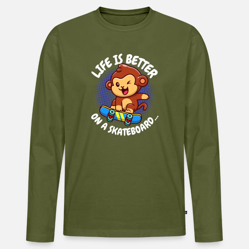 Life Is Better Skateboard Affe Monkey - Männer Premium Bio Langarmshirt - Khaki