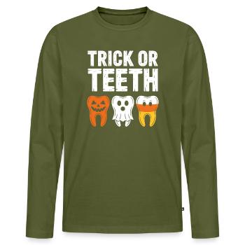 Trick or Teeth: Halloween Teeth Trio - Men's Premium Organic Long Sleeve Shirt - khaki - Front - Nico (187cm)